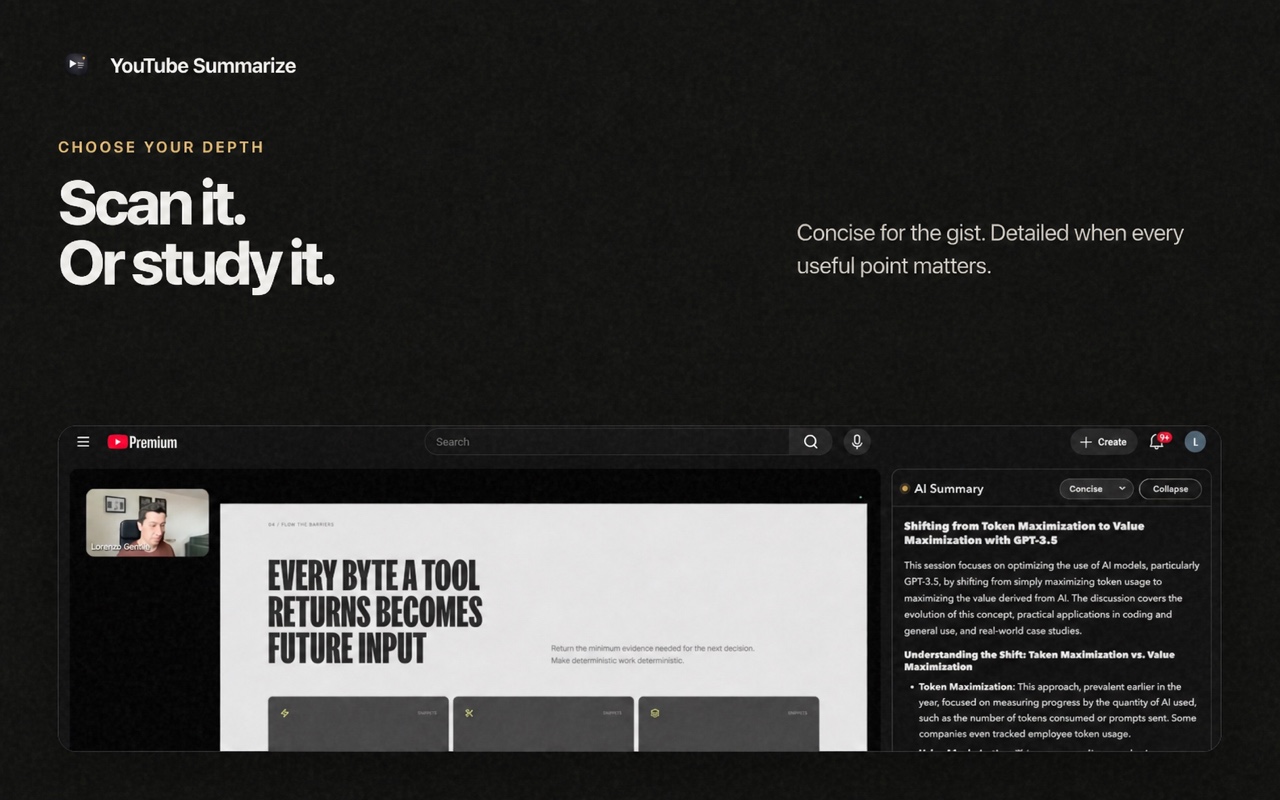 Concise and Detailed summary depth controls in YouTube Summarize