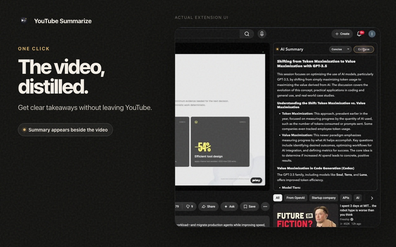YouTube Summarize showing an AI summary beside a YouTube video
